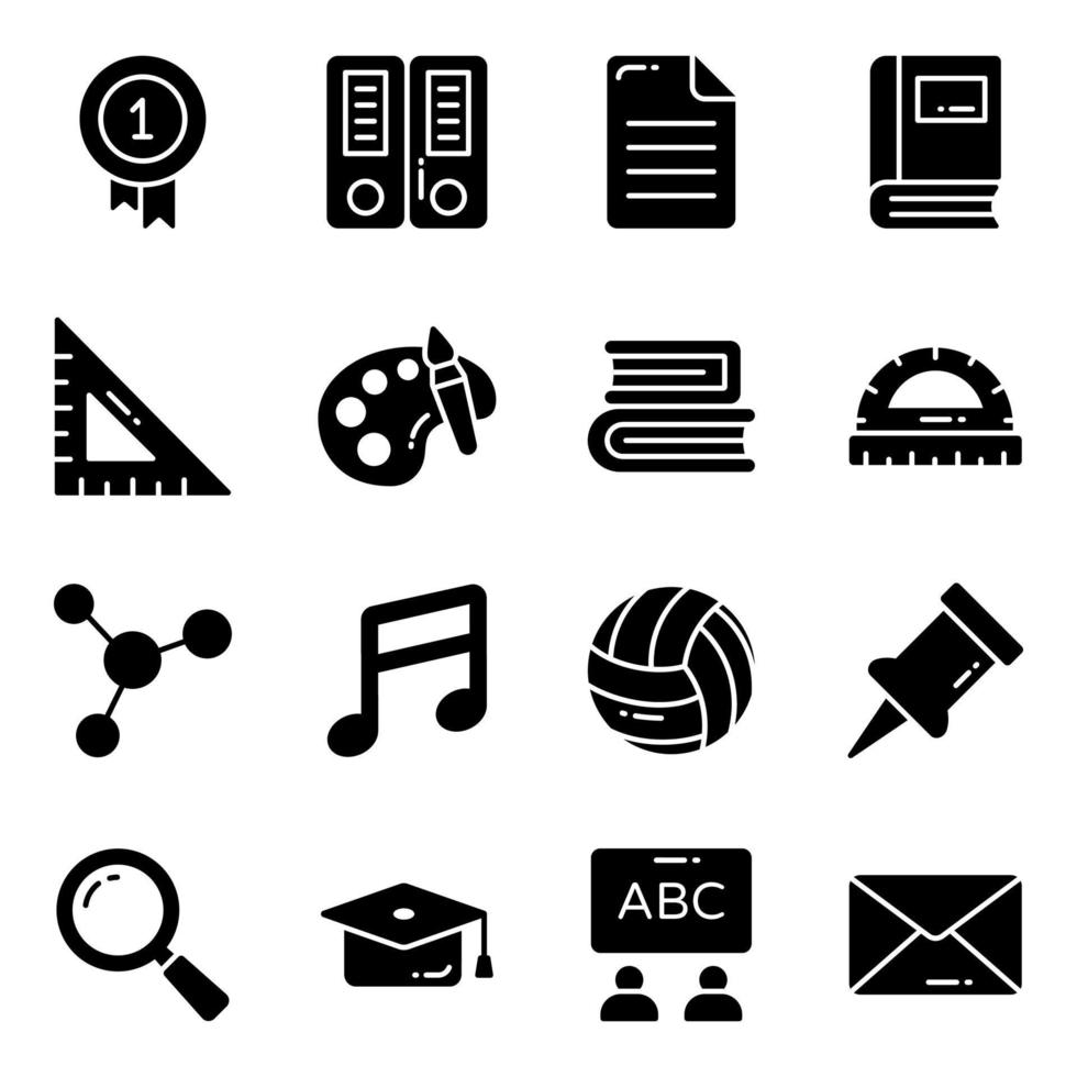 ensemble d'icônes vectorielles de glyphe, dans l'enseignement du design plat, l'école, la collection de pictogrammes modernes et l'université avec des éléments pour les concepts mobiles et les applications Web. vecteur