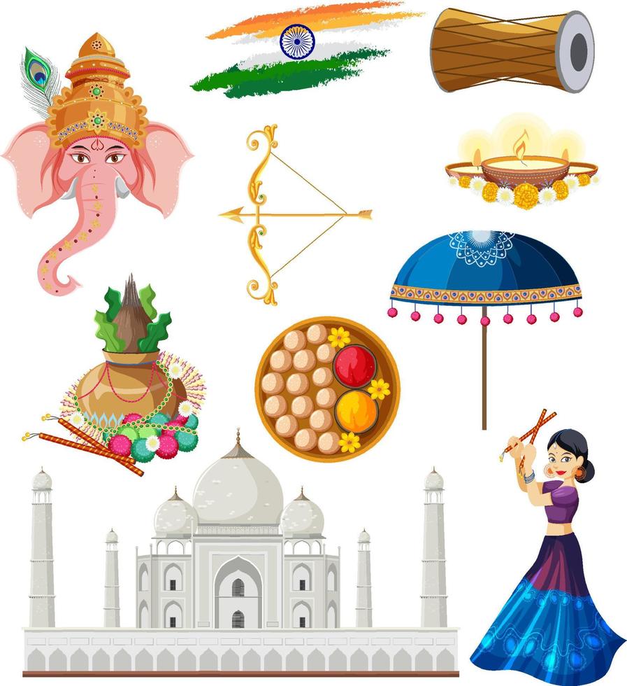 ensemble d'objets et de symboles de la culture indienne vecteur