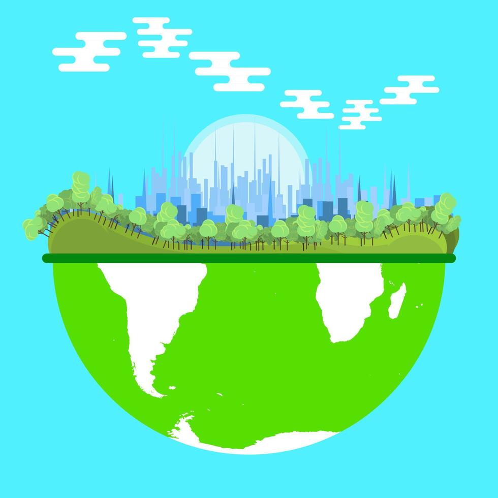 écosystème environnement vecteur vert nature. concept de symbole éco énergie monde de la ville. écologie fond bleu biologie organique. arbre plat forêt terre sauver la protection. planète de dessin animé illustration isolé