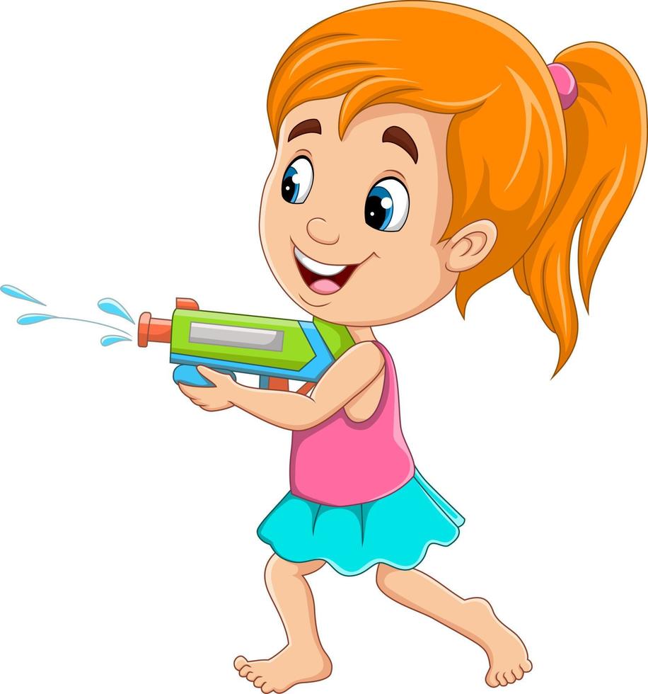 dessin animé petite fille jouant au pistolet à eau vecteur