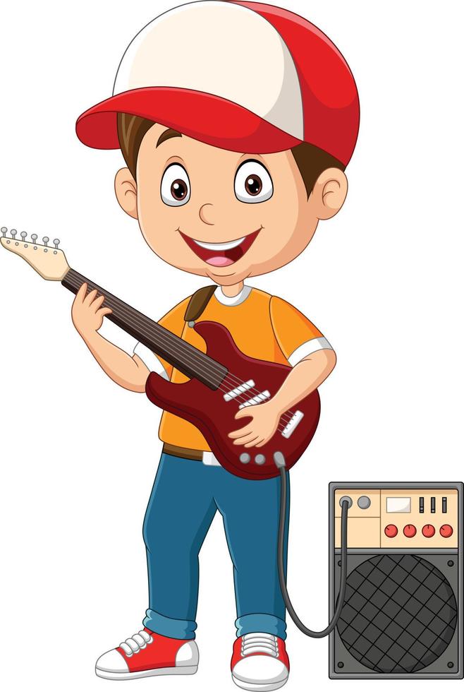 dessin animé petit garçon jouant de la guitare électrique vecteur