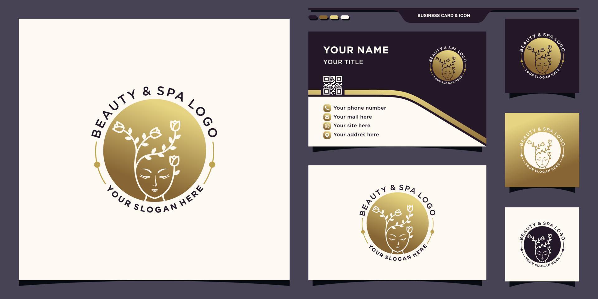 logo beauté et spa pour femme avec concept d'espace négatif et conception de carte de visite vecteur premium