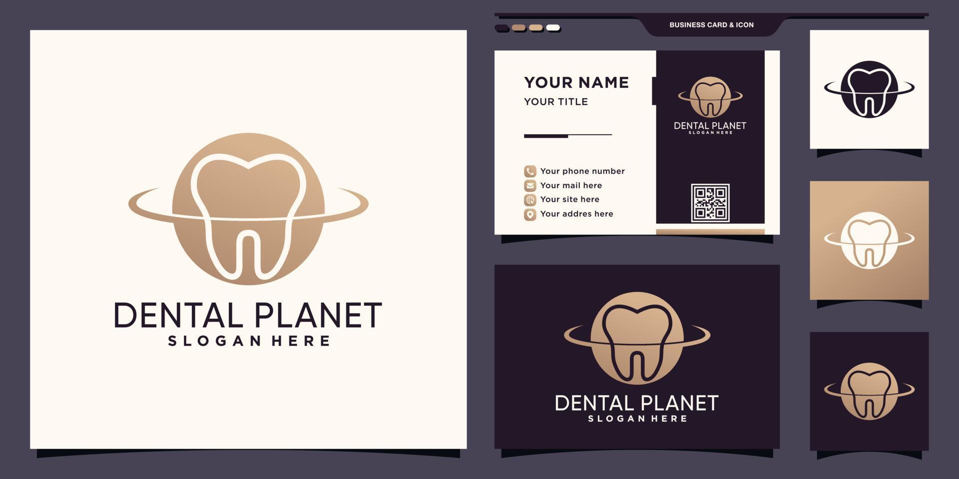 logo de planète dentaire avec concept d'espace négatif et conception de carte de visite vecteur premium