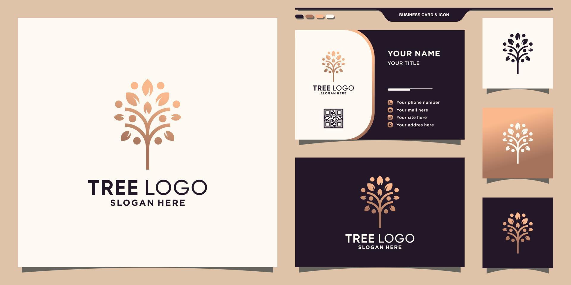 logo d'arbre créatif avec style d'art en ligne et conception de carte de visite vecteur premium