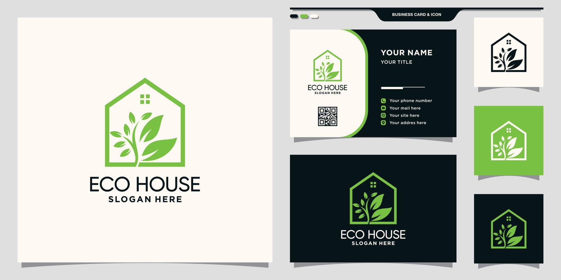 logo de maison écologique avec style d'art en ligne et conception de carte de visite vecteur premium