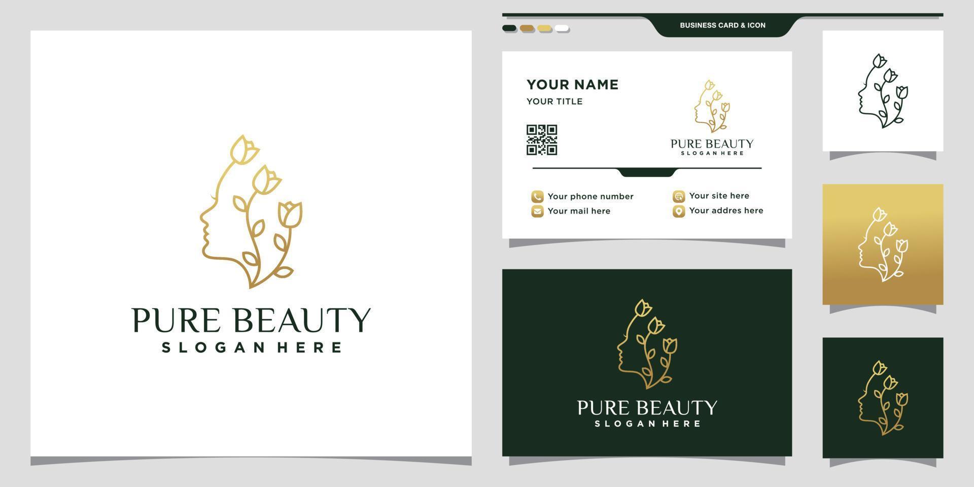 beauté pure simple et élégante et logo de visage de femme avec fleur rose dorée dans un style linéaire et conception de carte de visite vecteur premium