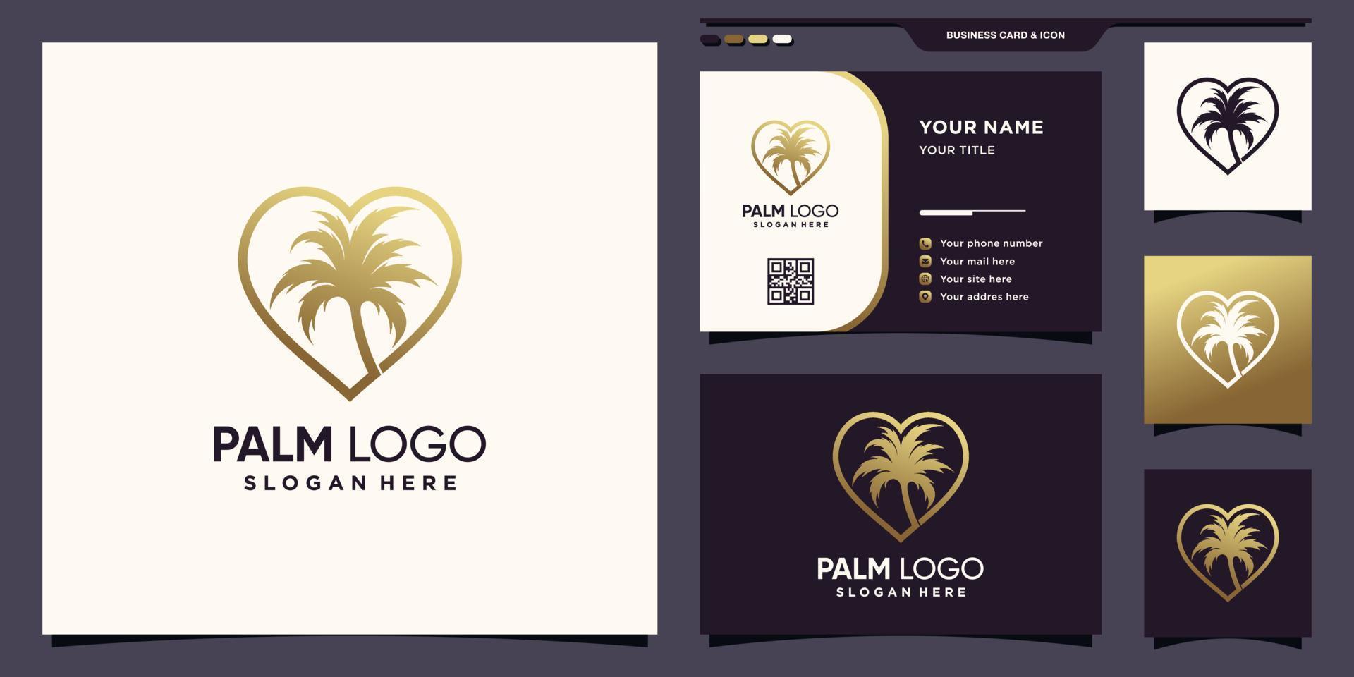 logo de palmier créatif et amour avec style d'art en ligne et conception de carte de visite vecteur premium
