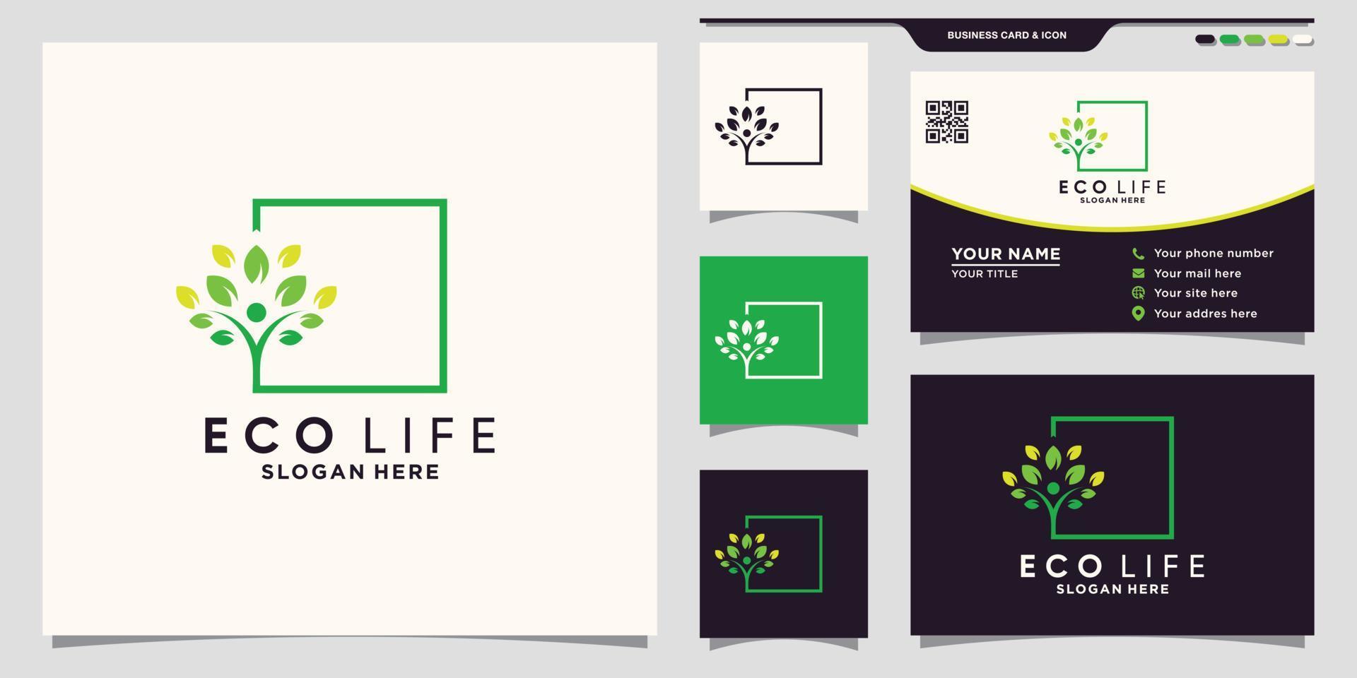 logo d'arbre de personnes eco life avec style d'art en ligne carrée et vecteur premium de conception de carte de visite