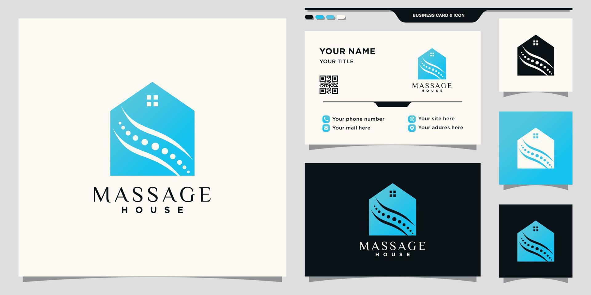 massage créatif et logo de maison avec concept d'espace négatif et conception de carte de visite vecteur premium