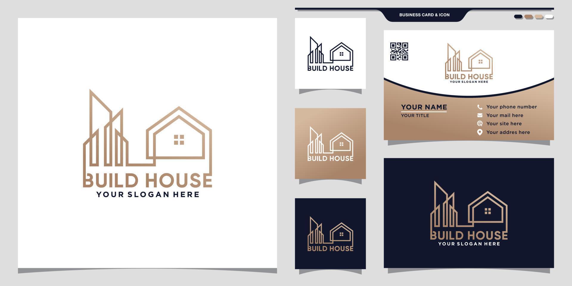 construire le logo de la maison pour la construction d'entreprise avec style d'art en ligne et vecteur premium de carte de visite