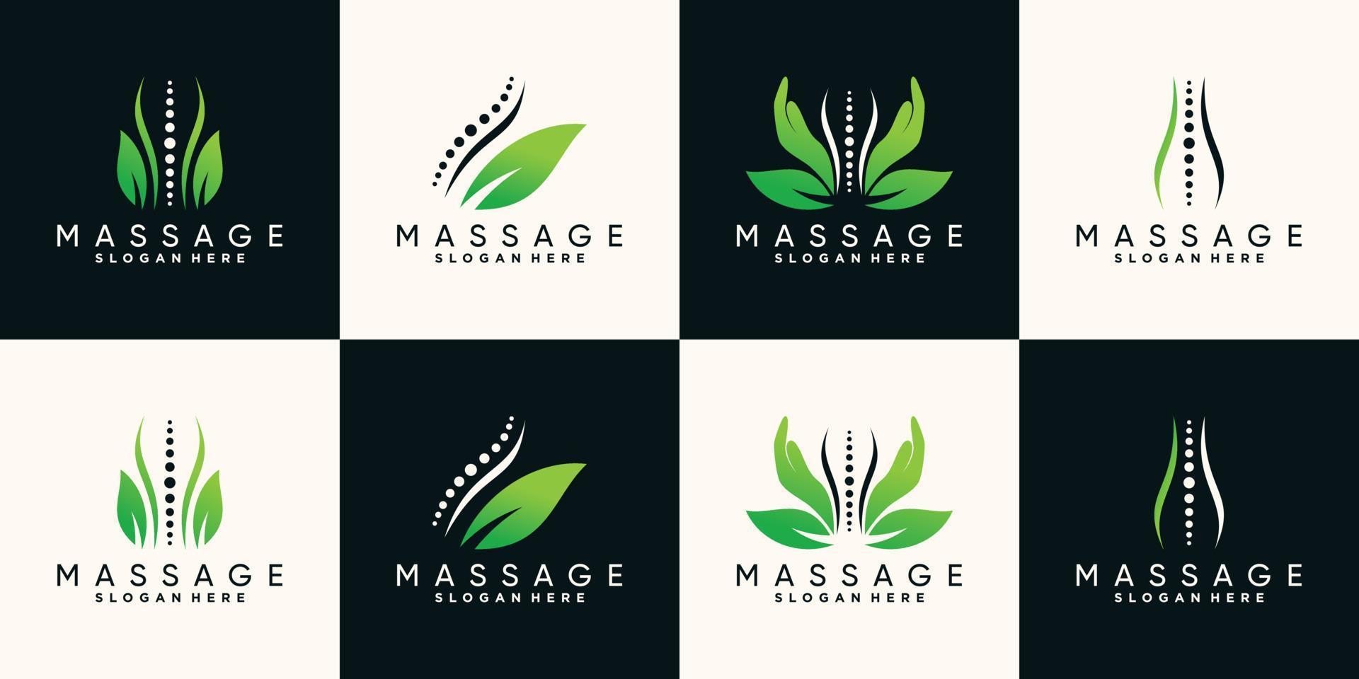 ensemble de conception de logo de thérapie de massage naturel avec vecteur premium main, os et feuille