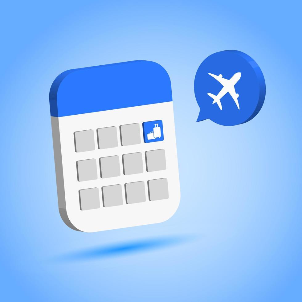 rappel de plan d'horaire de vol dans l'illustration de calendrier de style 3d avec l'icône d'avion et de bagages vecteur