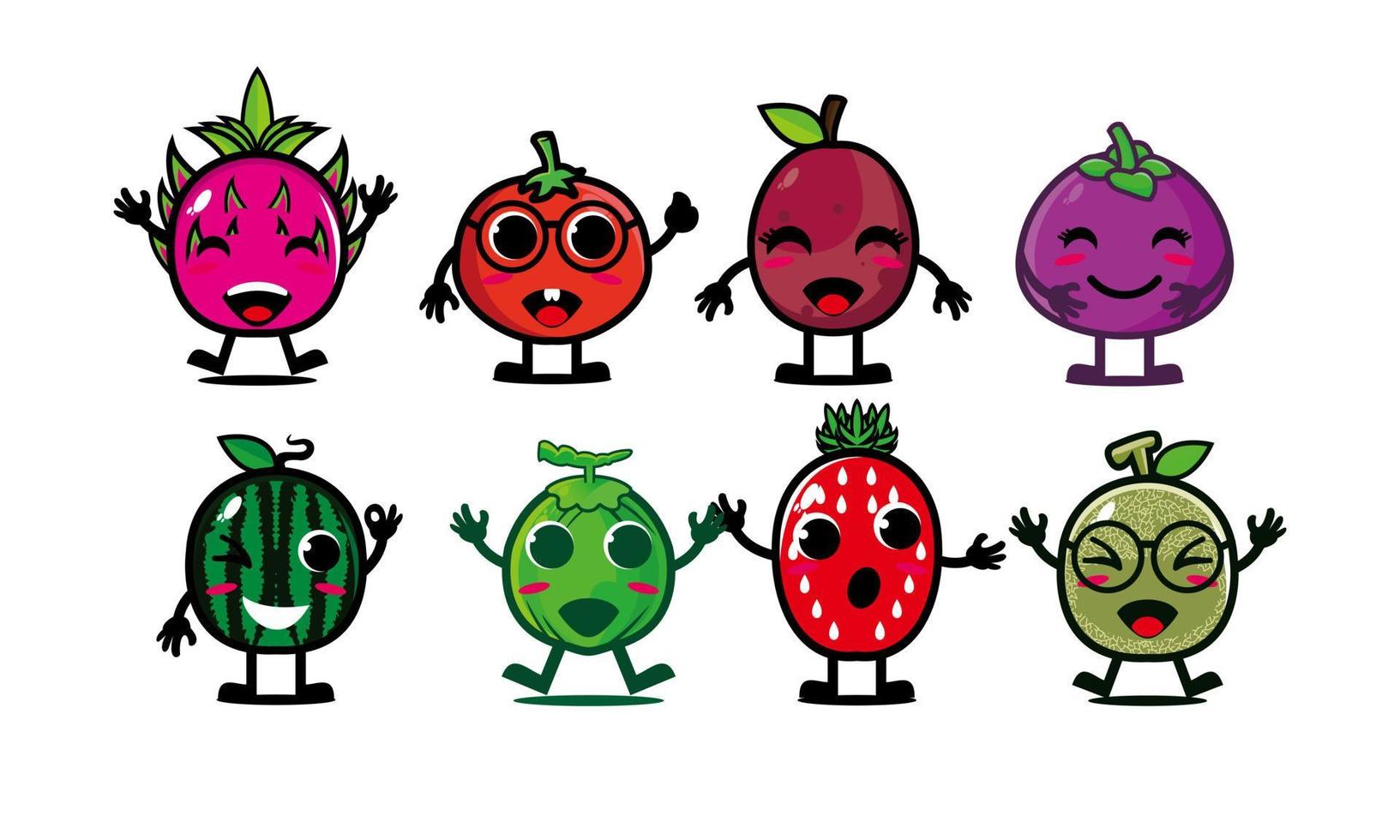 ensemble de visage de fruits souriant mignon heureux. collection d'illustrations de personnage de dessin animé plat kawaii de vecteur. concept de jeu d'emoji de collection de fruits de personnage mignon vecteur