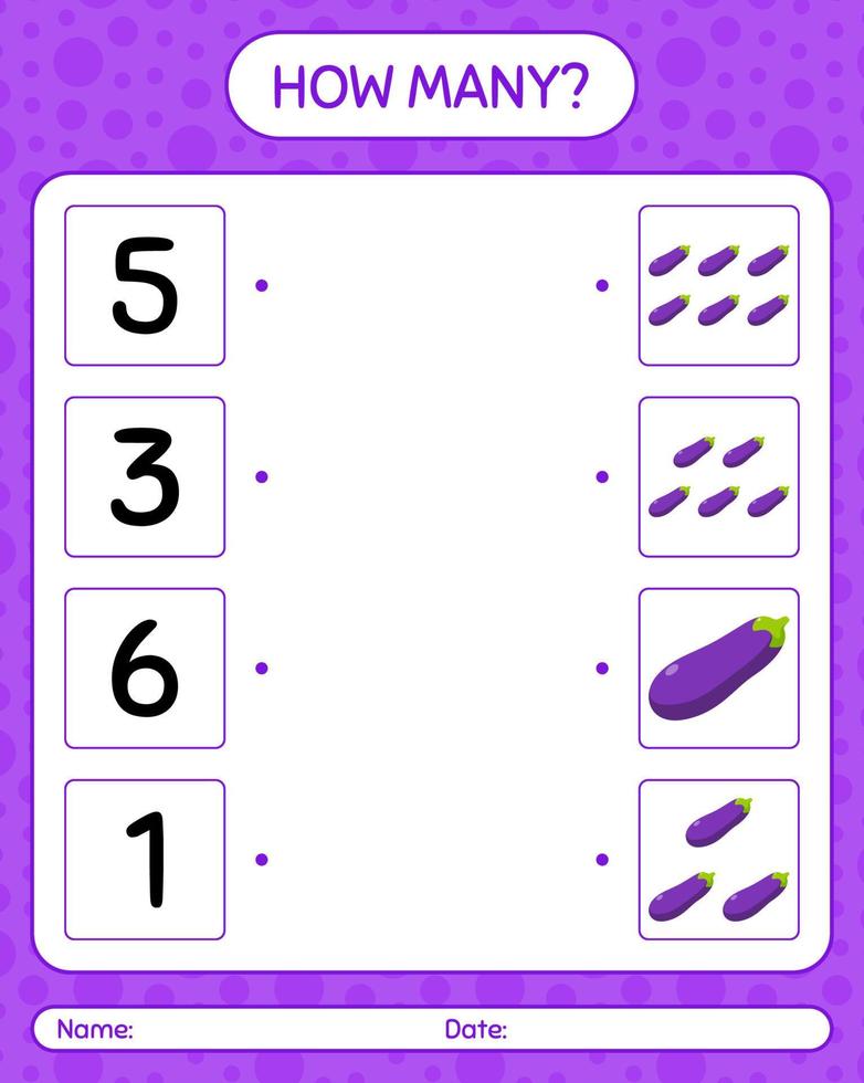 combien de jeu de comptage avec des aubergines. feuille de travail pour les enfants d'âge préscolaire, feuille d'activité pour enfants, feuille de travail imprimable vecteur