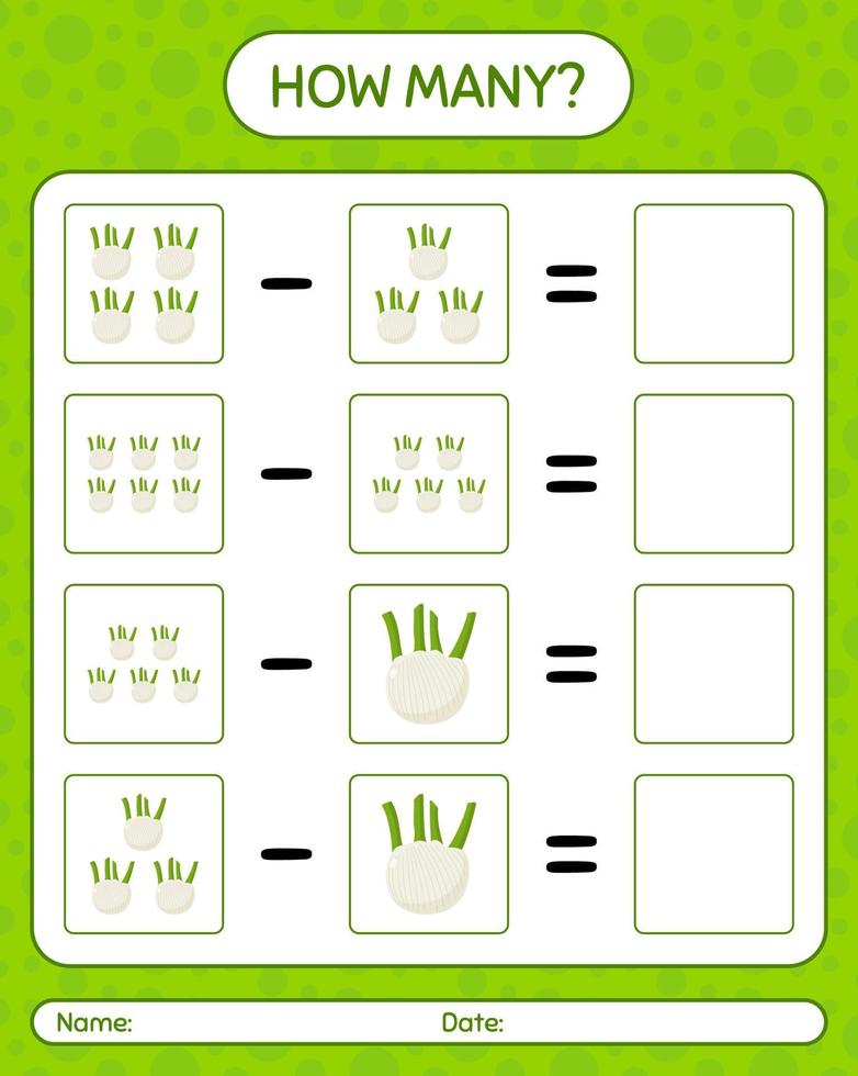 combien de jeu de comptage avec du fenouil. feuille de travail pour les enfants d'âge préscolaire, feuille d'activité pour enfants, feuille de travail imprimable vecteur