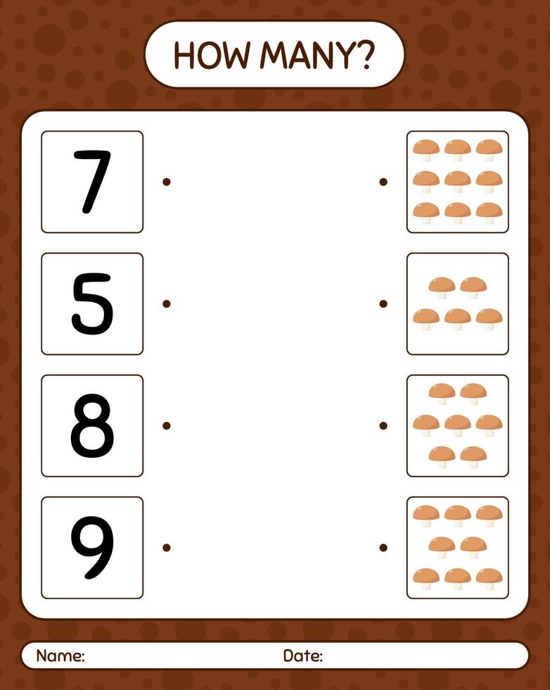 combien de jeu de comptage avec champignon. feuille de travail pour les enfants d'âge préscolaire, feuille d'activité pour enfants, feuille de travail imprimable vecteur