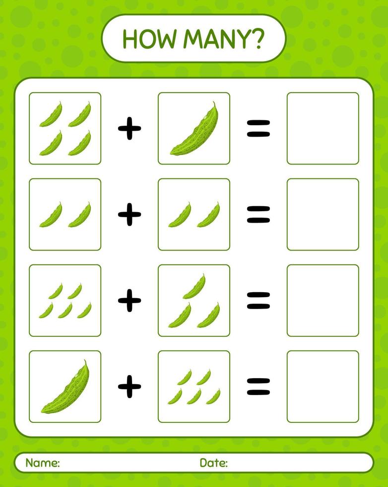 combien de jeu de comptage avec melon amer. feuille de travail pour les enfants d'âge préscolaire, feuille d'activité pour enfants, feuille de travail imprimable vecteur