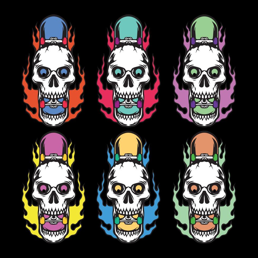 set de collection couleur crâne avec skateboard vecteur