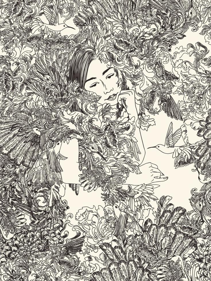 vecteur motif répétitif rêveur dessin au trait moderne de femme, oiseaux, fleurs, plumes. illustration dessinée à la main avec une sensation vintage.