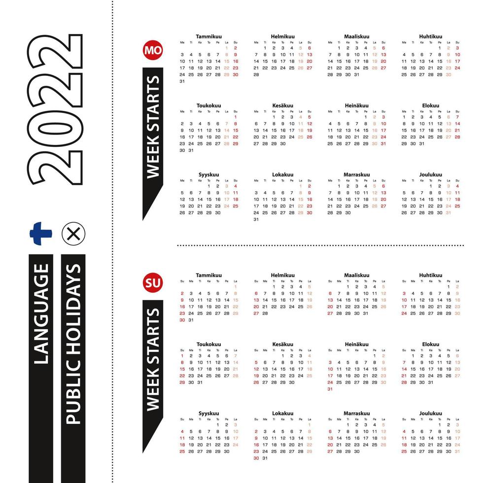 deux versions du calendrier 2022 en finnois, la semaine commence le lundi et la semaine commence le dimanche. vecteur