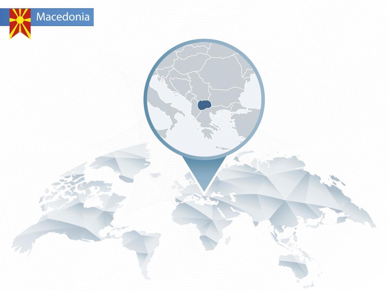 carte du monde arrondie abstraite avec carte détaillée de macédoine épinglée. vecteur