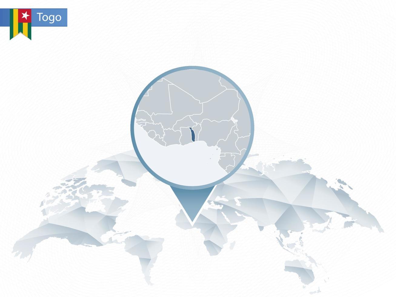 carte du monde arrondie abstraite avec carte togo détaillée épinglée. vecteur