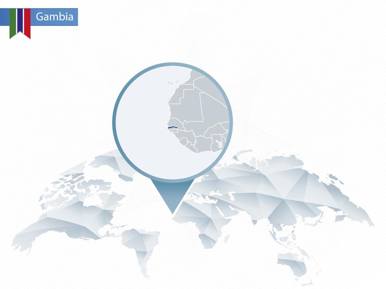 carte du monde arrondie abstraite avec carte détaillée de la gambie épinglée. vecteur