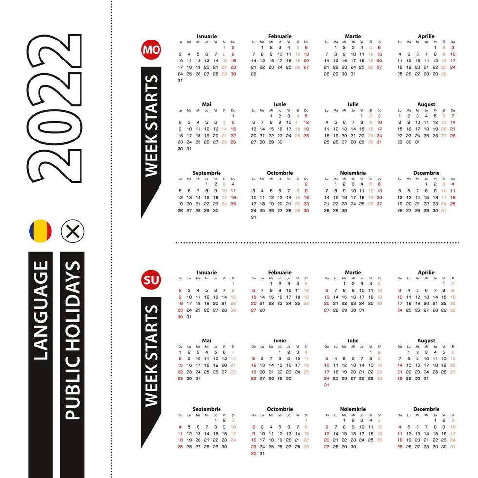 deux versions du calendrier 2022 en roumain, la semaine commence à partir du lundi et la semaine commence à partir du dimanche. vecteur