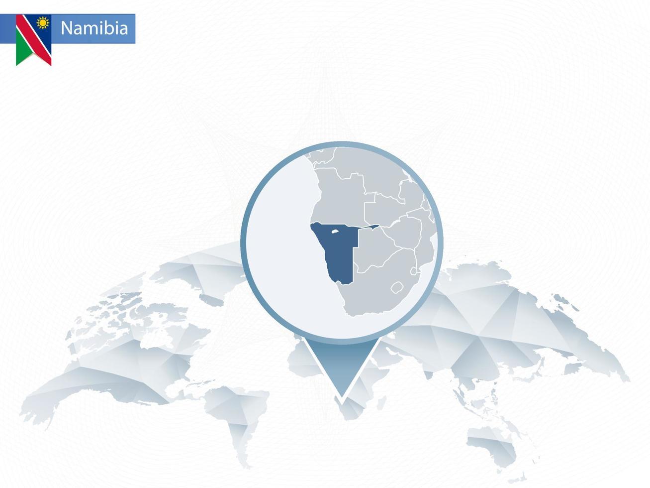 carte du monde arrondie abstraite avec carte détaillée de la namibie épinglée. vecteur