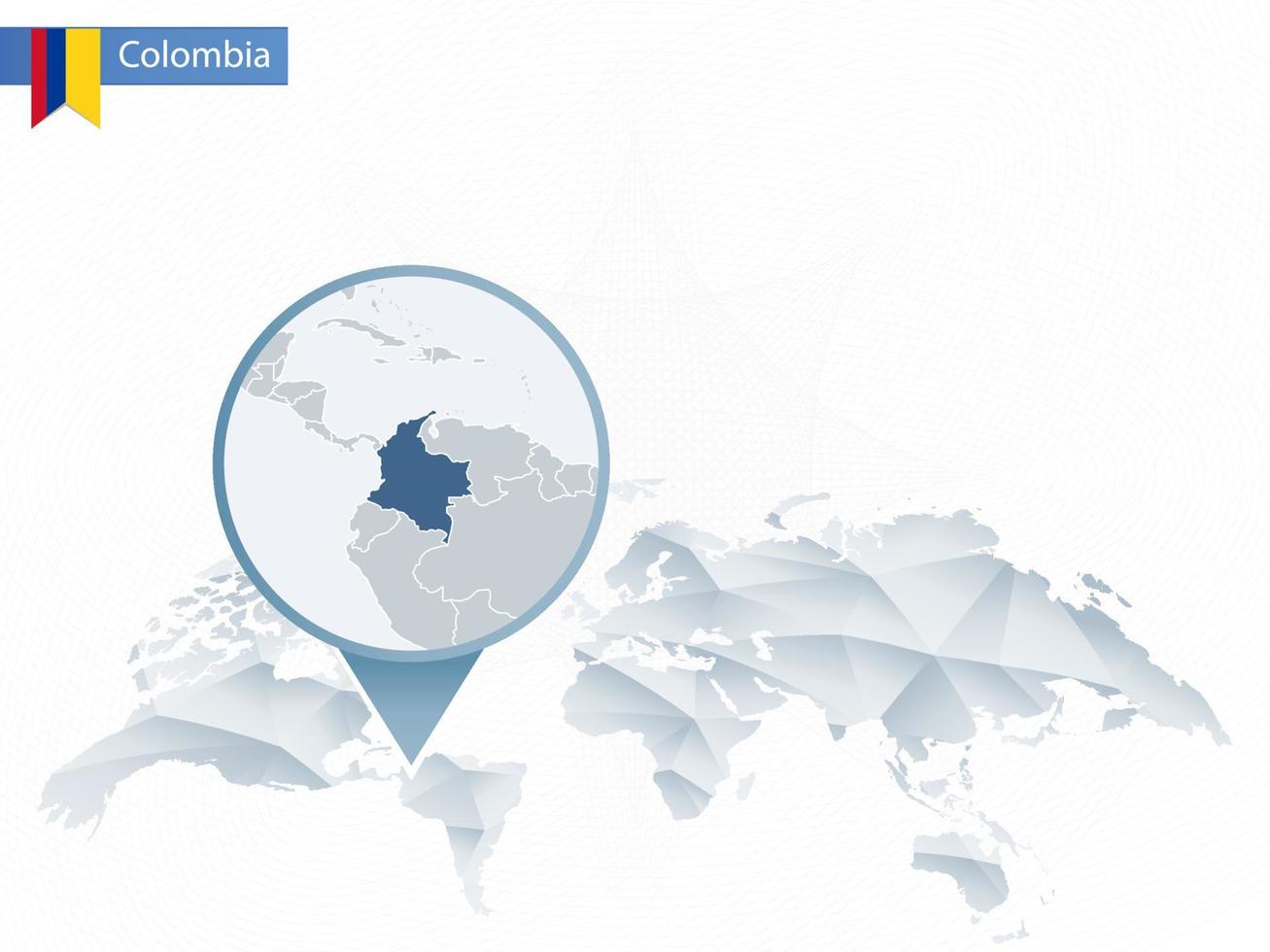 carte du monde arrondie abstraite avec carte détaillée de la colombie épinglée. vecteur