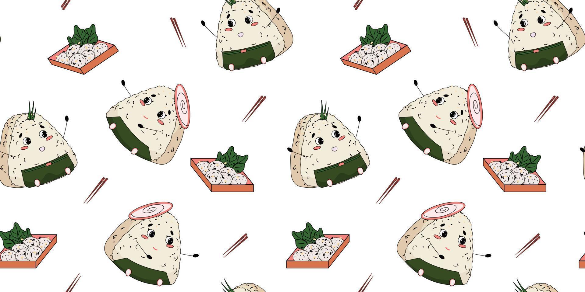 motif onigiri sur fond blanc. modèle sans couture avec boulettes de riz enveloppées de nori. pour textile, papier d'emballage, emballage. motif vectoriel. vecteur