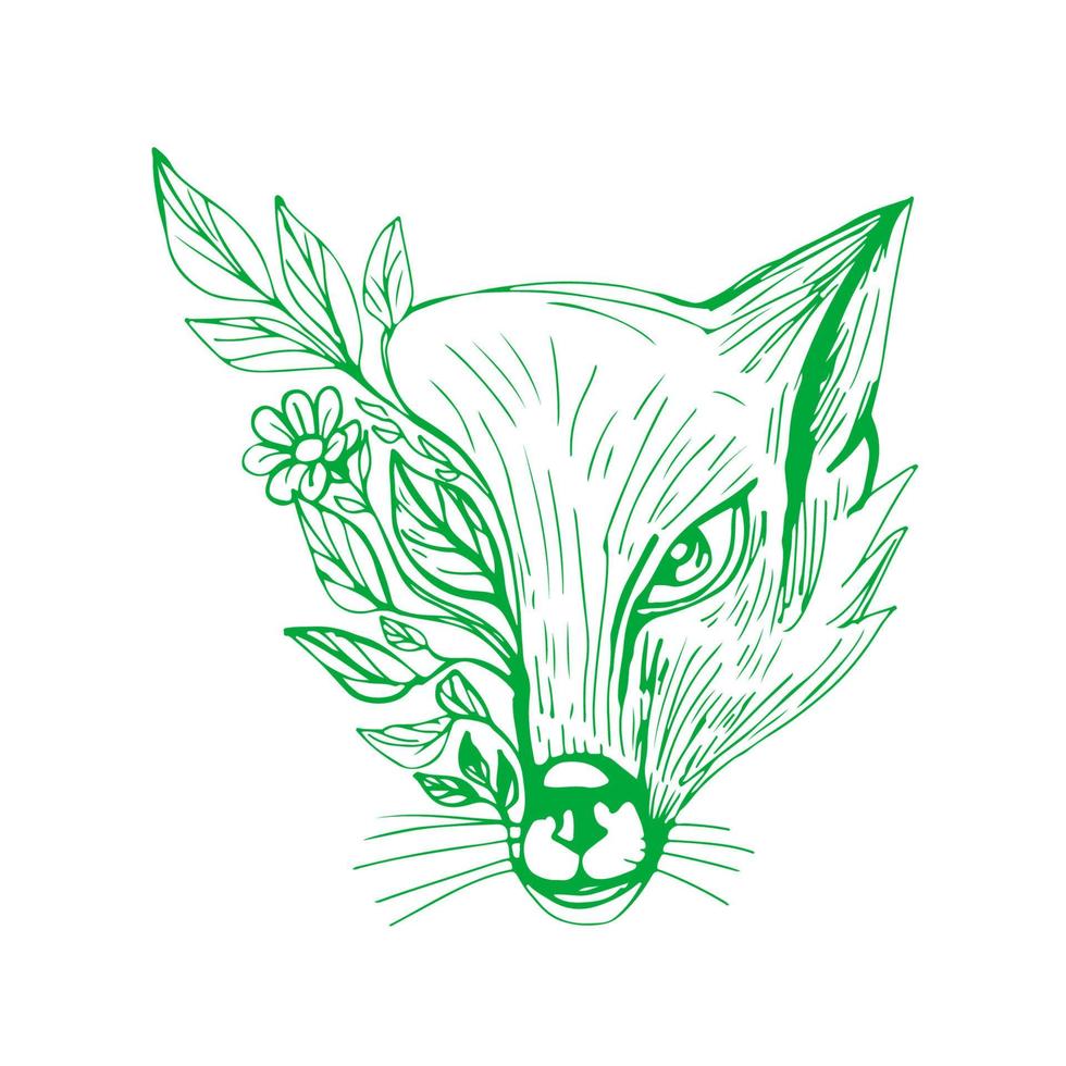 tête de renard avec dessin de fleurs et de feuilles vecteur