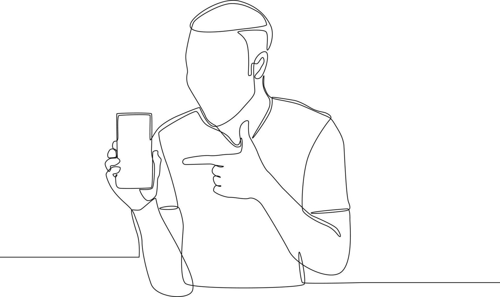 une seule ligne dessinant un jeune garçon joyeux montrant un écran vide de smartphone recommandant une application posant debout. concept ligne continue dessiner illustration vectorielle de conception. vecteur