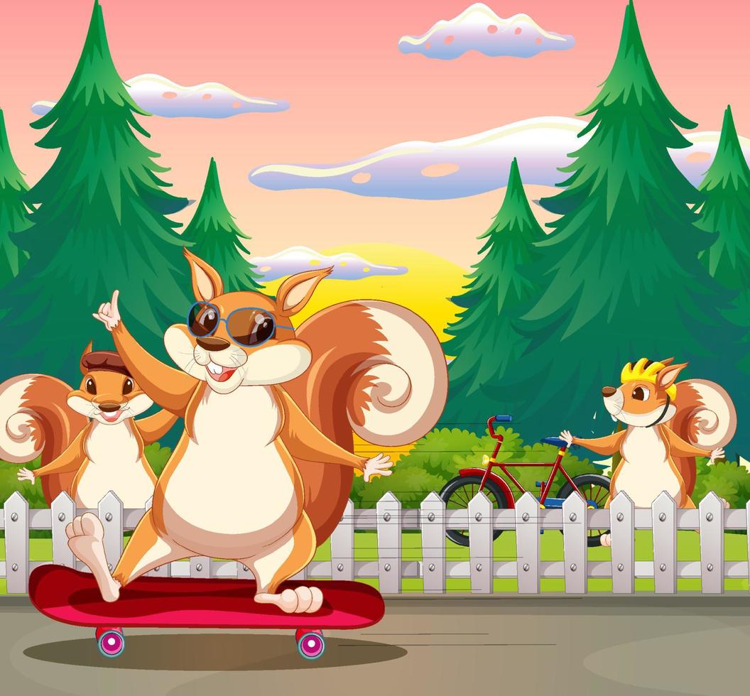 une scène d'écureuil jouant au skateboard vecteur