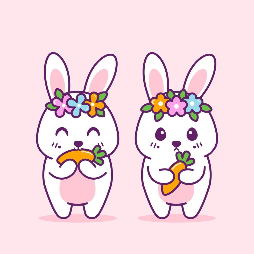 joli lapin apporte une carotte avec une fleur vecteur