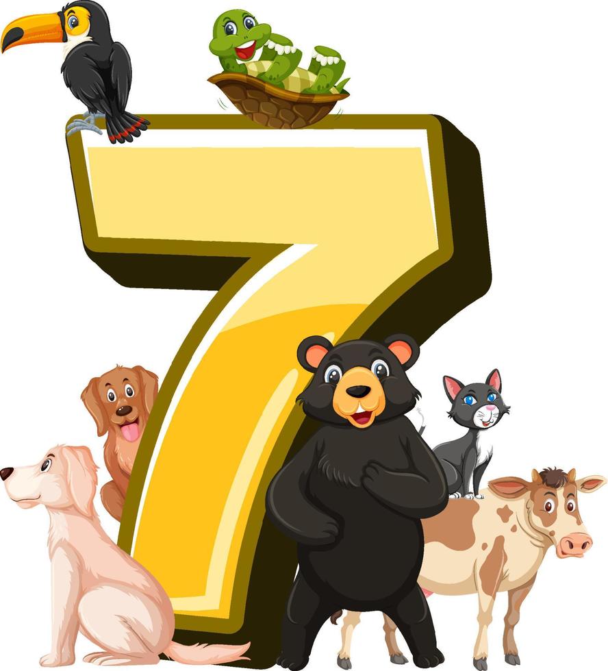 différents sept animaux attachés au numéro sept vecteur