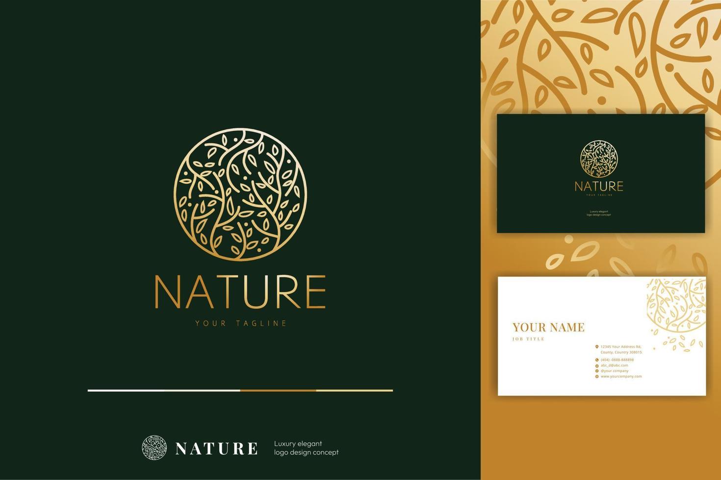 arbre d'or feuilles nature arrondie création de logo avec modèle de carte de visite vecteur