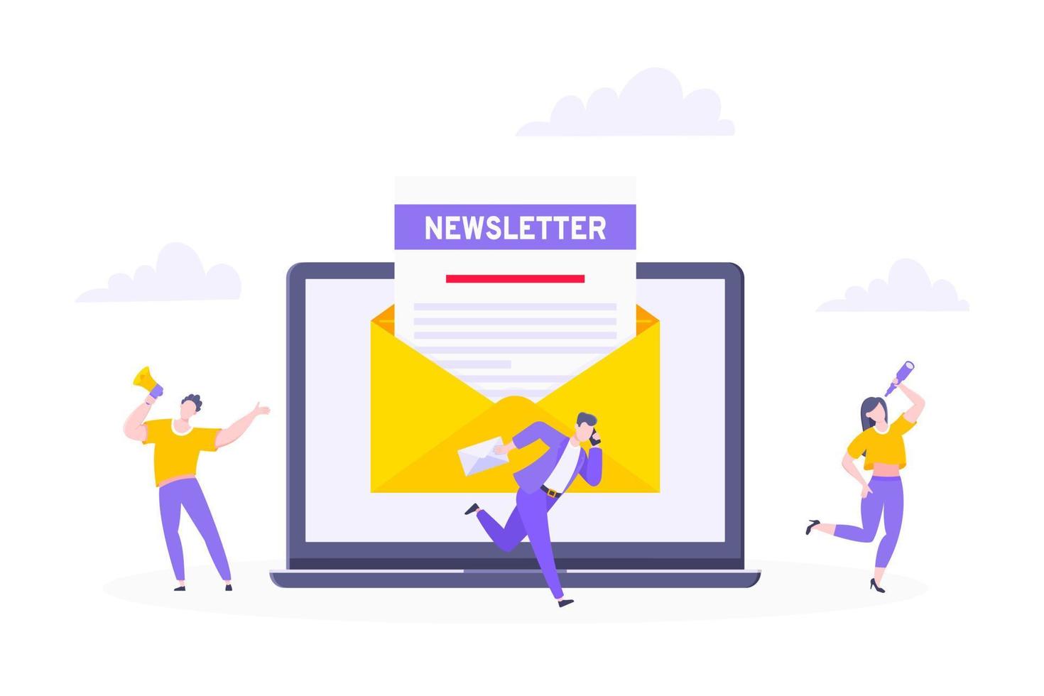 abonnez-vous maintenant à notre illustration vectorielle de newsletter avec de minuscules personnes travaillant avec un ordinateur portable, une enveloppe et une newsletter. vecteur