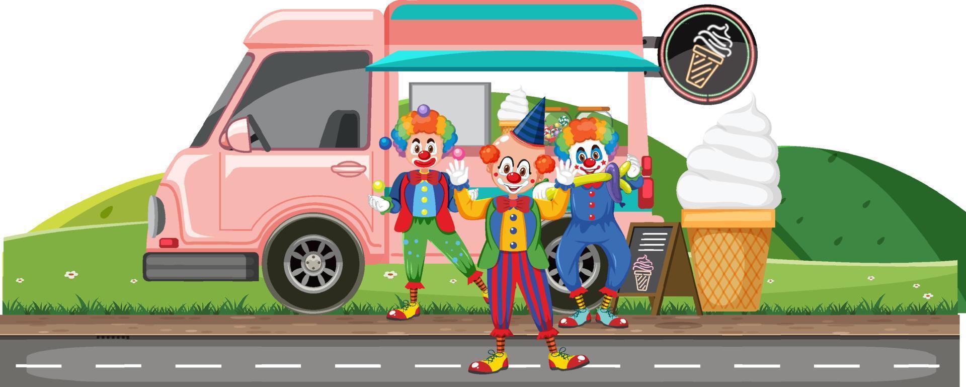 clowns jonglant avec des balles au camion de glaces vecteur