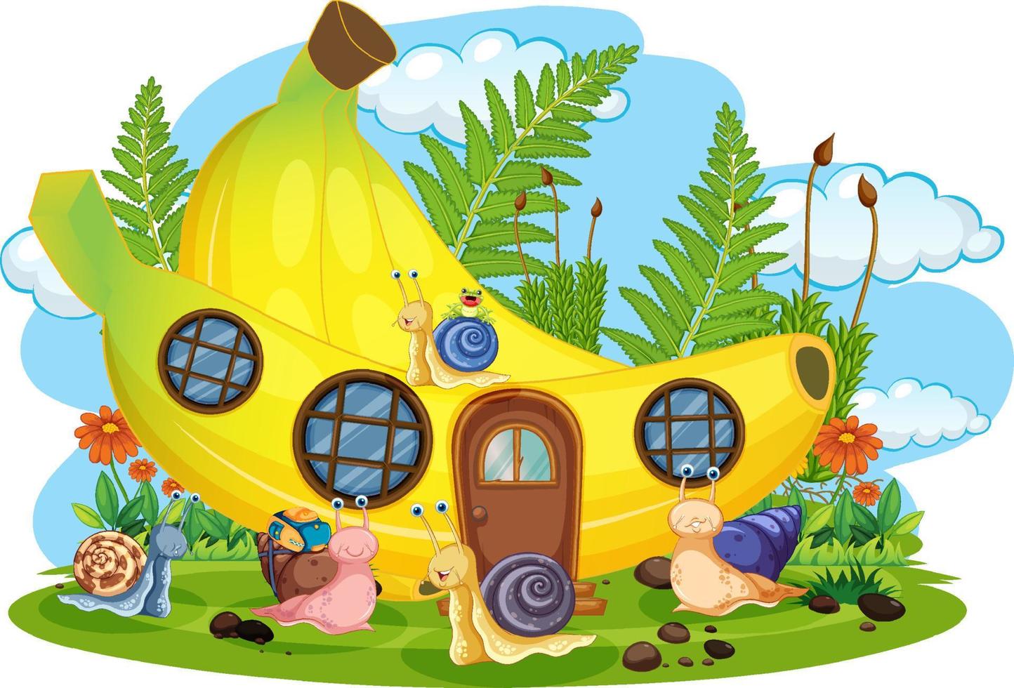maison de banane fantastique avec des escargots de dessin animé vecteur