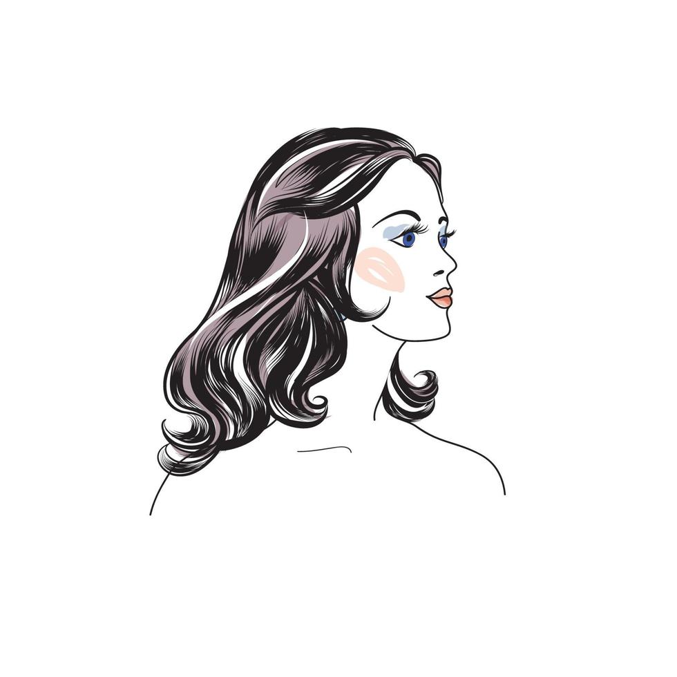 portrait féminin. profil de dame avec de beaux cheveux longs. visage de jeune femme. illustration de salon de beauté. bon pour l'avatar vecteur