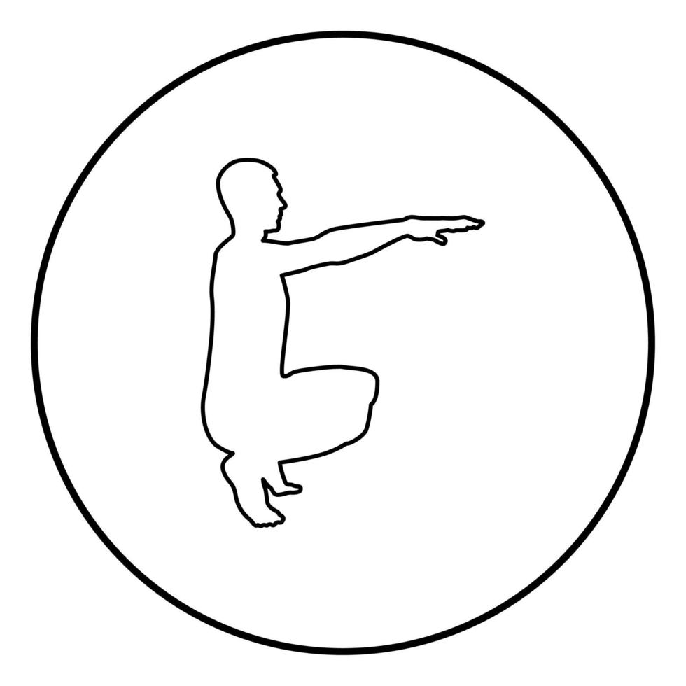 L'homme accroupi faisant des exercices s'accroupit action sport entraînement masculin silhouette vue latérale icône illustration couleur noire en cercle rond vecteur