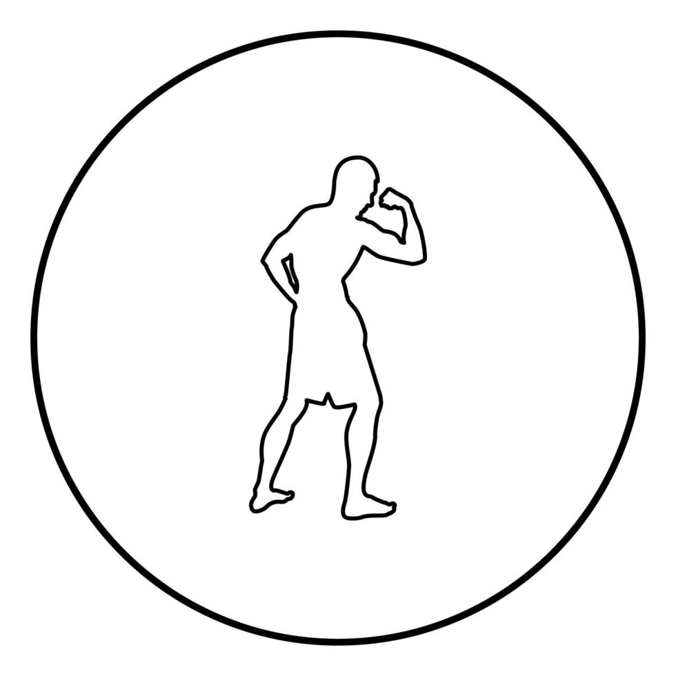 Bodybuilder montrant les muscles biceps bodybuilding sport concept silhouette vue latérale icône illustration couleur noire en cercle rond vecteur