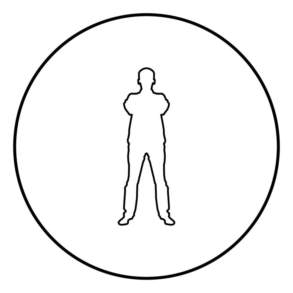 L'homme confiant a croisé les bras homme d'affaires concept silhouette icône vue de face illustration de couleur noire en cercle rond vecteur