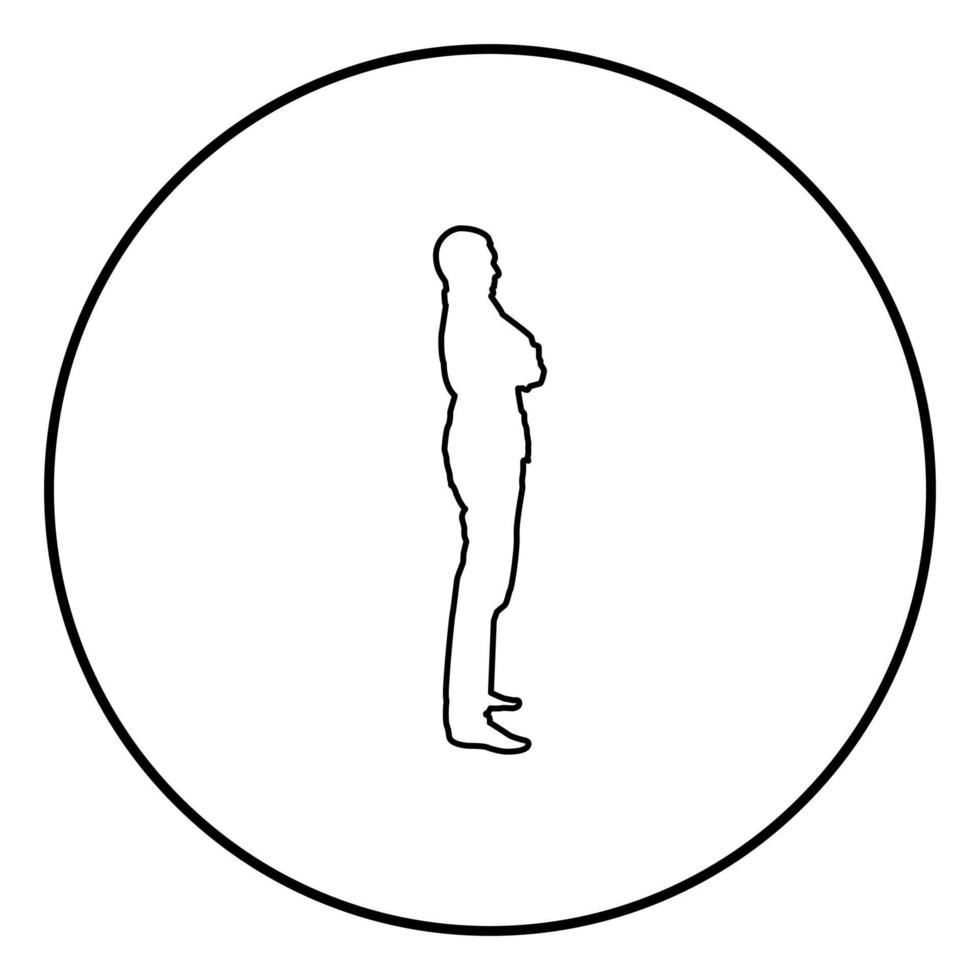 L'homme confiant a croisé les bras homme d'affaires concept silhouette icône vue de côté illustration de couleur noire en cercle rond vecteur