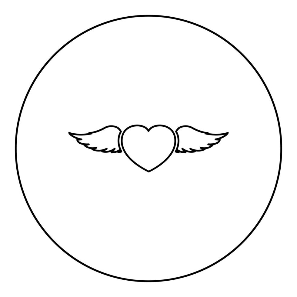 coeur avec des ailes d'ange icône de plume volante en cercle autour de l'illustration vectorielle de couleur noire image de style de contour solide vecteur