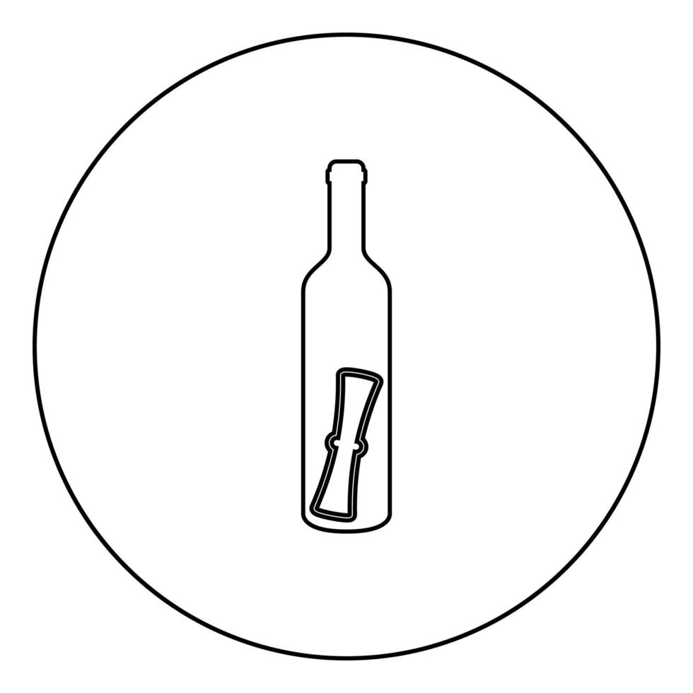 bouteille avec lettre message concept document de défilement plié dans l'ancienne icône de conteneur en cercle contour rond illustration vectorielle de couleur noire image de style plat vecteur