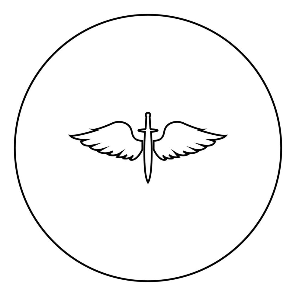 ailes et épée symbole cadets ailé lame arme âge médiéval guerrier insigne blason bravoure concept icône en cercle rond contour noir couleur illustration vectorielle image de style plat vecteur