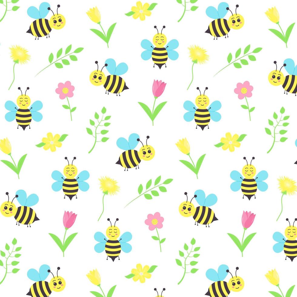 modèle sans couture avec des abeilles mignonnes, des tulipes, des pissenlits, des fleurs et des brindilles. vecteur