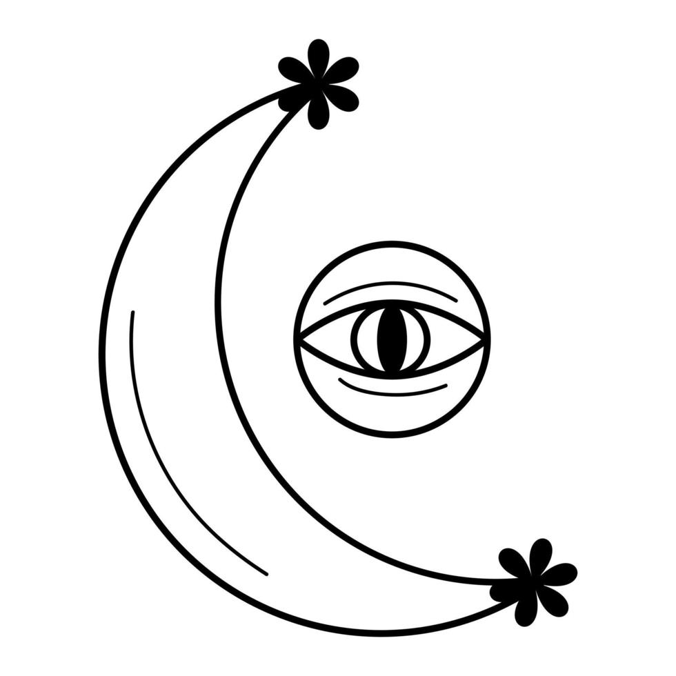 croissant de lune avec des fleurs et œil qui voit tout dans le cercle. élément boho ésotérique décoratif. vecteur